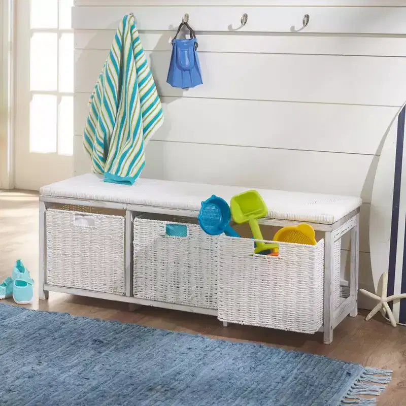 Badger Basket Kid's Storage Bench with Woven Top and Baskets White: Wood Frame, 150 lb Capacity, Toy Organizer