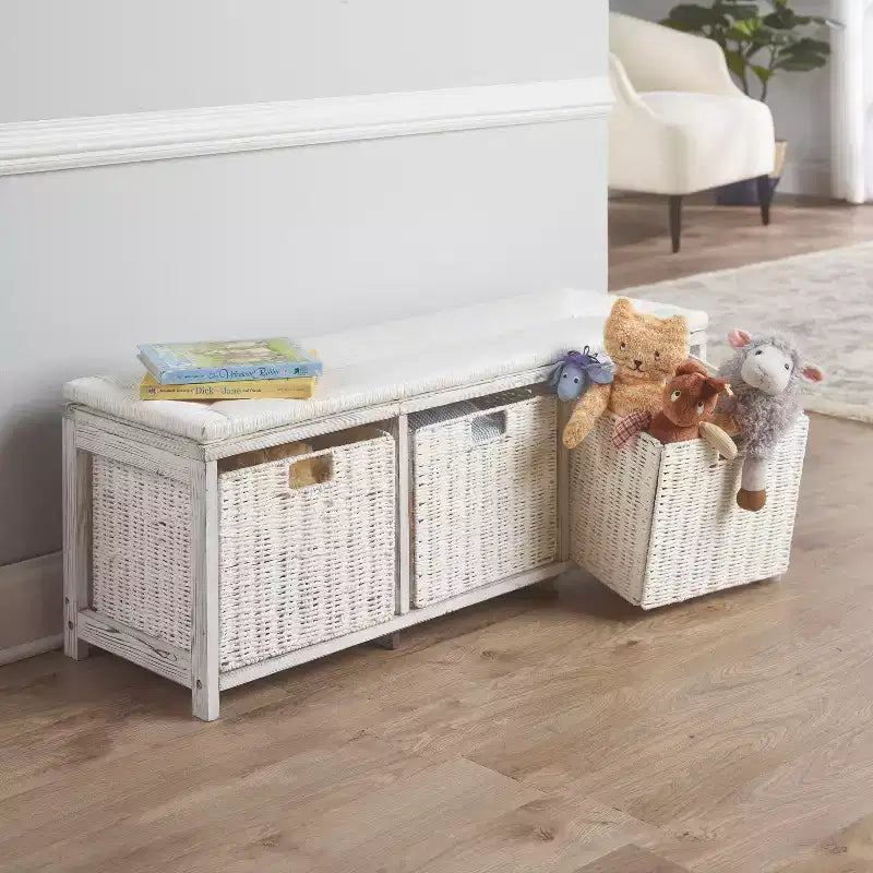 Badger Basket Kid's Storage Bench with Woven Top and Baskets White: Wood Frame, 150 lb Capacity, Toy Organizer