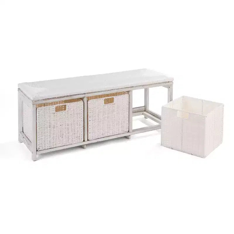 Badger Basket Kid's Storage Bench with Woven Top and Baskets White: Wood Frame, 150 lb Capacity, Toy Organizer
