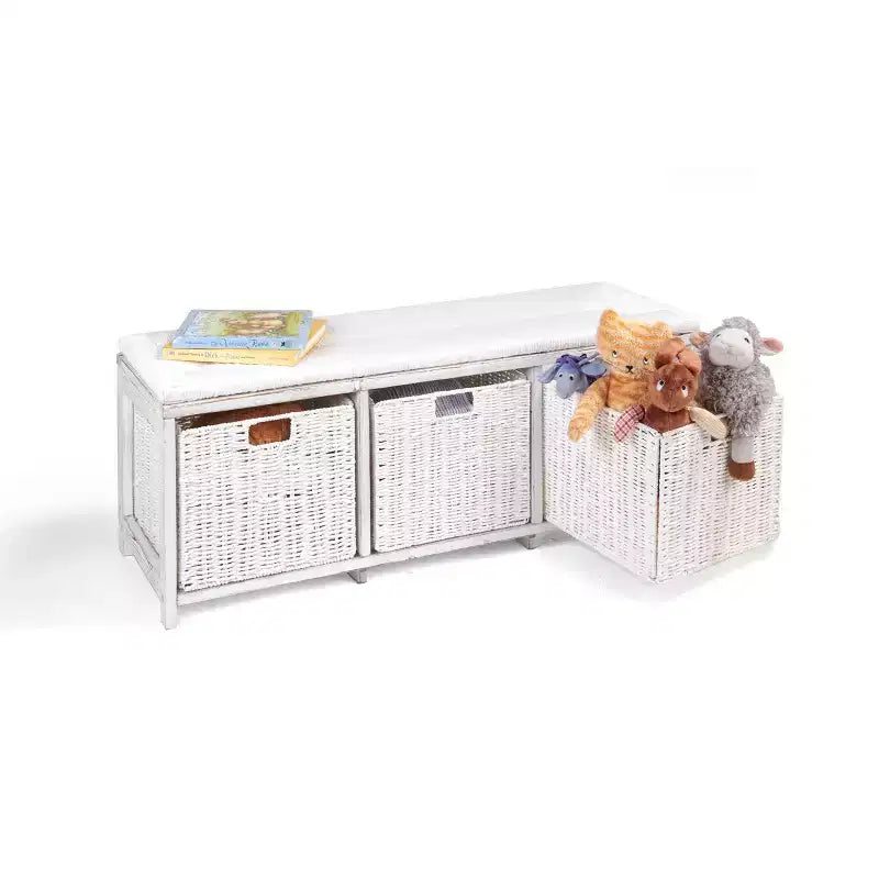Badger Basket Kid's Storage Bench with Woven Top and Baskets White: Wood Frame, 150 lb Capacity, Toy Organizer