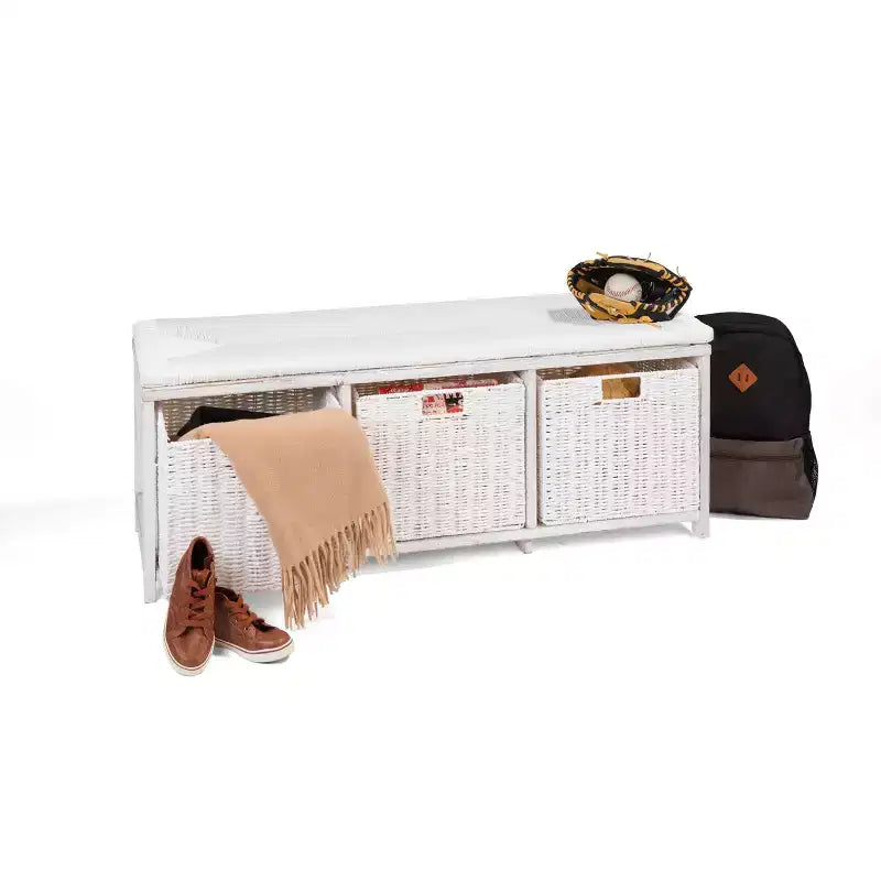 Badger Basket Kid's Storage Bench with Woven Top and Baskets White: Wood Frame, 150 lb Capacity, Toy Organizer