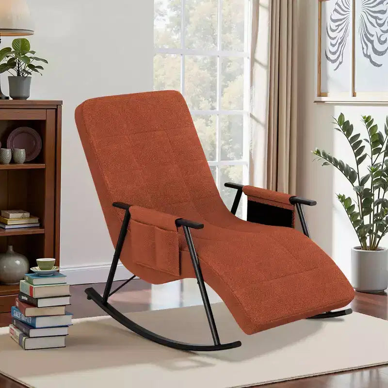 VECELO Upholstered Teddy Fabric Rocking Chair, Modern Reclining Glider Rocker Recliner with Adjustable Headrest, Removable Side Pockets