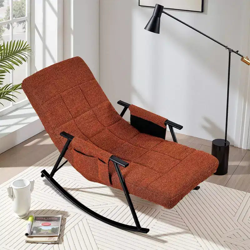 VECELO Upholstered Teddy Fabric Rocking Chair, Modern Reclining Glider Rocker Recliner with Adjustable Headrest, Removable Side Pockets