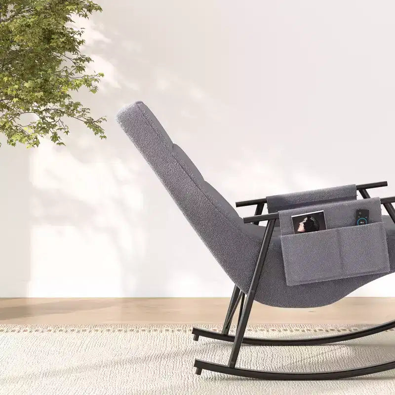 VECELO Upholstered Teddy Fabric Rocking Chair, Modern Reclining Glider Rocker Recliner with Adjustable Headrest, Removable Side Pockets