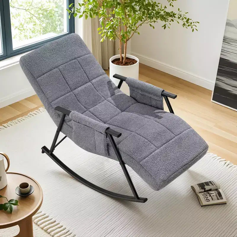 VECELO Upholstered Teddy Fabric Rocking Chair, Modern Reclining Glider Rocker Recliner with Adjustable Headrest, Removable Side Pockets
