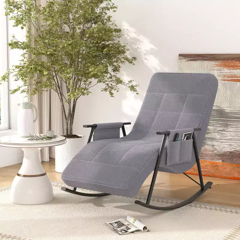 VECELO Upholstered Teddy Fabric Rocking Chair, Modern Reclining Glider Rocker Recliner with Adjustable Headrest, Removable Side Pockets