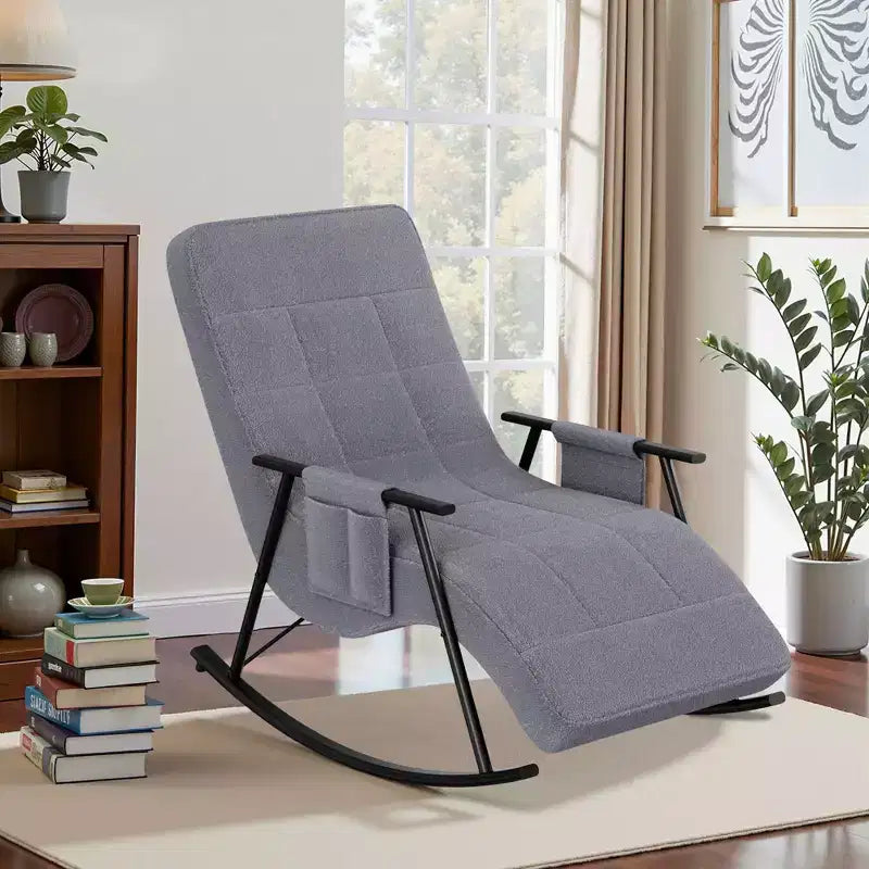 VECELO Upholstered Teddy Fabric Rocking Chair, Modern Reclining Glider Rocker Recliner with Adjustable Headrest, Removable Side Pockets