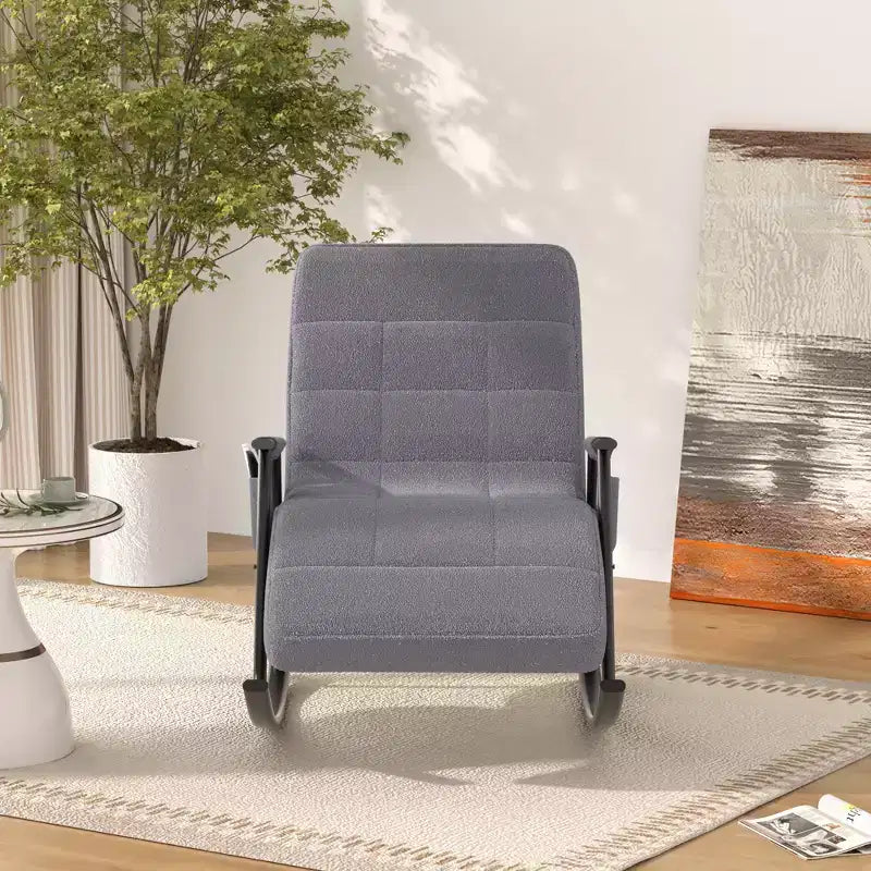 VECELO Upholstered Teddy Fabric Rocking Chair, Modern Reclining Glider Rocker Recliner with Adjustable Headrest, Removable Side Pockets
