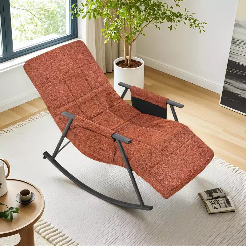 VECELO Upholstered Teddy Fabric Rocking Chair, Modern Reclining Glider Rocker Recliner with Adjustable Headrest, Removable Side Pockets