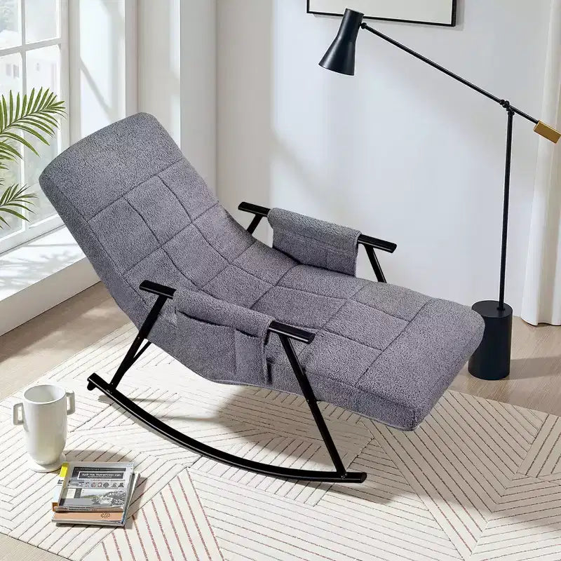 VECELO Upholstered Teddy Fabric Rocking Chair, Modern Reclining Glider Rocker Recliner with Adjustable Headrest, Removable Side Pockets