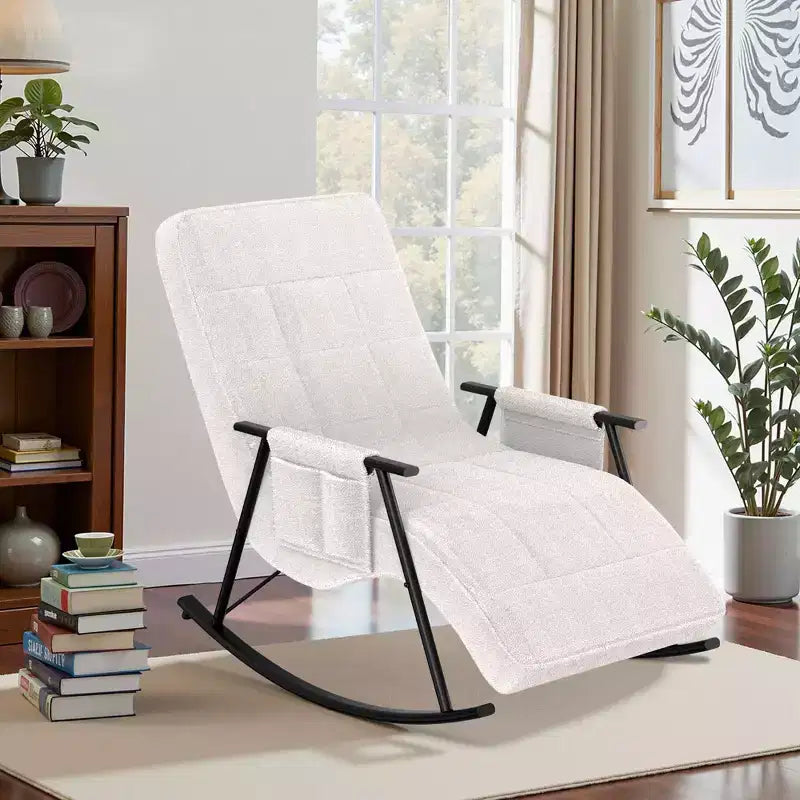VECELO Upholstered Teddy Fabric Rocking Chair, Modern Reclining Glider Rocker Recliner with Adjustable Headrest, Removable Side Pockets