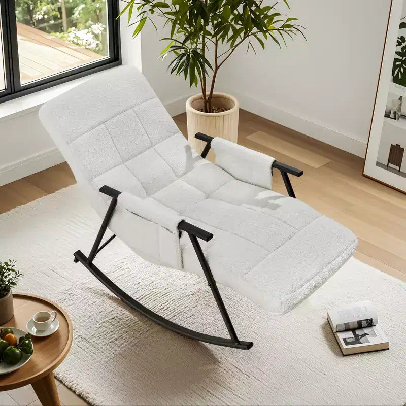 VECELO Upholstered Teddy Fabric Rocking Chair, Modern Reclining Glider Rocker Recliner with Adjustable Headrest, Removable Side Pockets