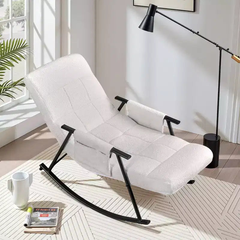 VECELO Upholstered Teddy Fabric Rocking Chair, Modern Reclining Glider Rocker Recliner with Adjustable Headrest, Removable Side Pockets