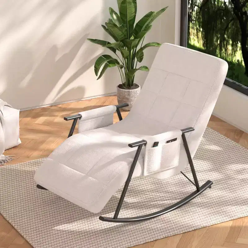 VECELO Upholstered Teddy Fabric Rocking Chair, Modern Reclining Glider Rocker Recliner with Adjustable Headrest, Removable Side Pockets