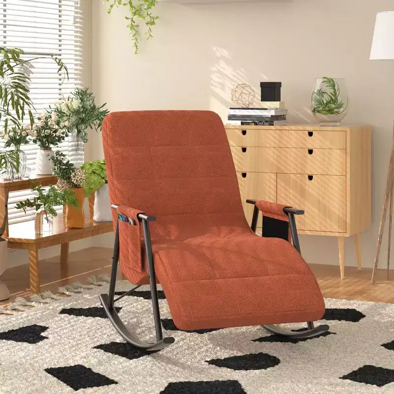 VECELO Upholstered Teddy Fabric Rocking Chair, Modern Reclining Glider Rocker Recliner with Adjustable Headrest, Removable Side Pockets
