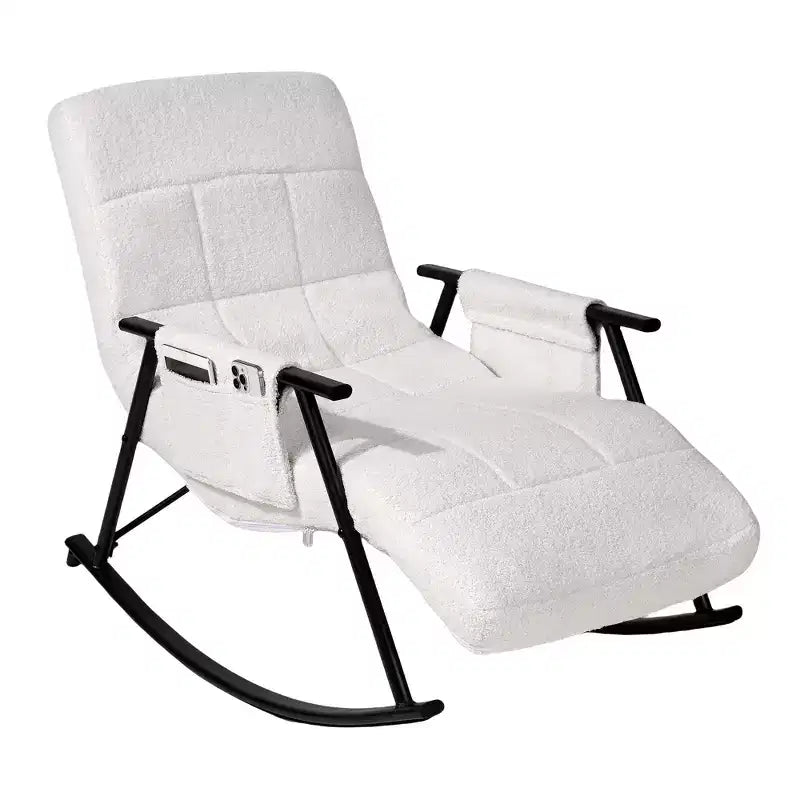 VECELO Upholstered Teddy Fabric Rocking Chair, Modern Reclining Glider Rocker Recliner with Adjustable Headrest, Removable Side Pockets