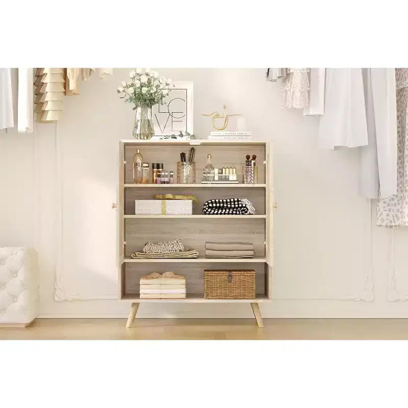 Shoe Rack Organizer,4-Tier Shoe Storage Cabinet with Adjustable Shelves,Wooden Shoe Storage Organizer,Slim Thin Shoe Rack for Hallway, Living Room