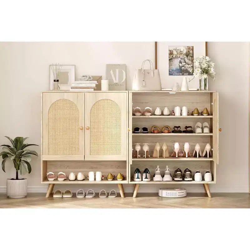 Shoe Rack Organizer,4-Tier Shoe Storage Cabinet with Adjustable Shelves,Wooden Shoe Storage Organizer,Slim Thin Shoe Rack for Hallway, Living Room