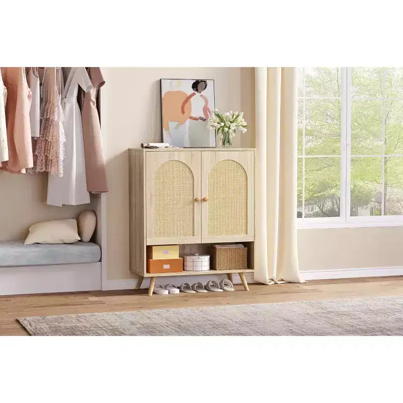 Shoe Rack Organizer,4-Tier Shoe Storage Cabinet with Adjustable Shelves,Wooden Shoe Storage Organizer,Slim Thin Shoe Rack for Hallway, Living Room