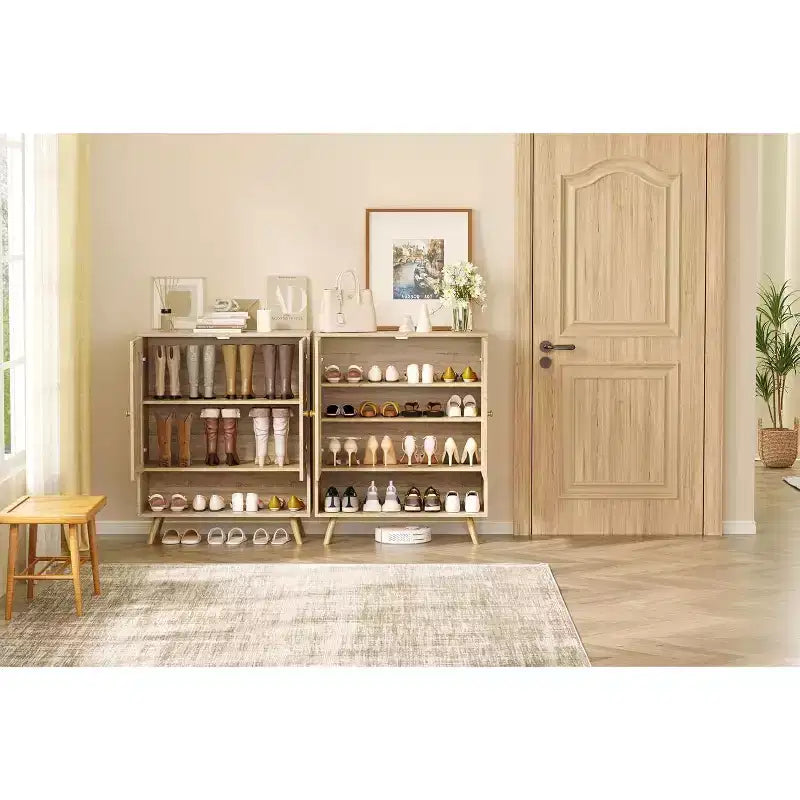Shoe Rack Organizer,4-Tier Shoe Storage Cabinet with Adjustable Shelves,Wooden Shoe Storage Organizer,Slim Thin Shoe Rack for Hallway, Living Room