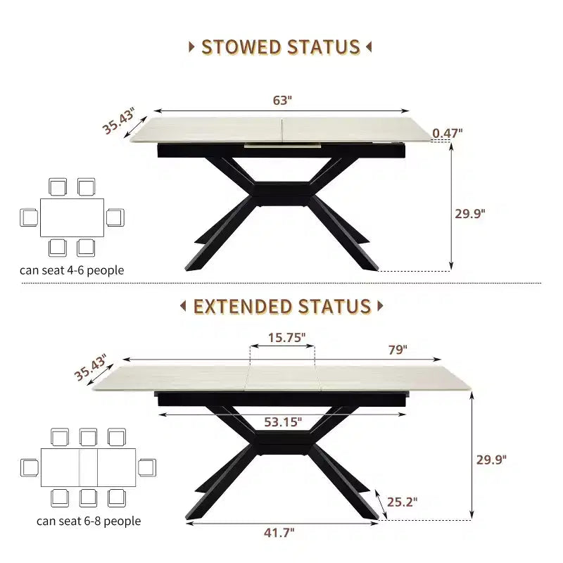 63-79 Modern Extendable Dining Table with Sintered Stone Tabletop, Rectangular Kitchen Table for Dining Room or Breakfast Area-Panipeachy