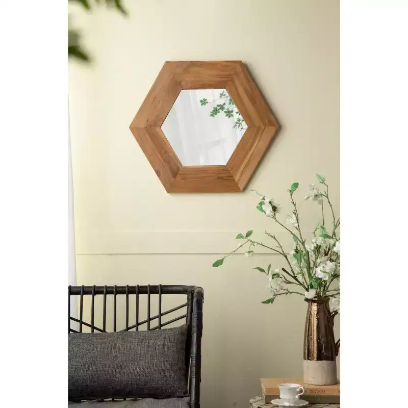 18.5 x 18.5 Inch Hexagon Wall Mirror with Natural Wood Frame