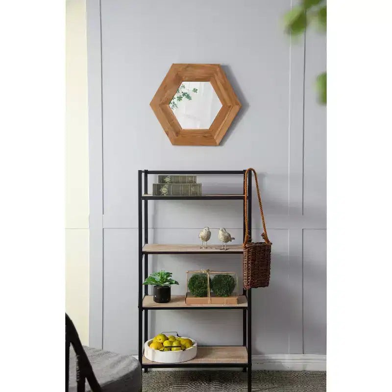 18.5 x 18.5 Inch Hexagon Wall Mirror with Natural Wood Frame