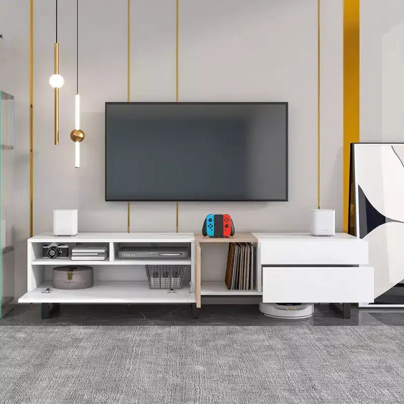 PexFix Modern TV Stand with Double Storage Space Media Console Table Entertainment Center with Drop Down Door for Living Room/Bedroom
