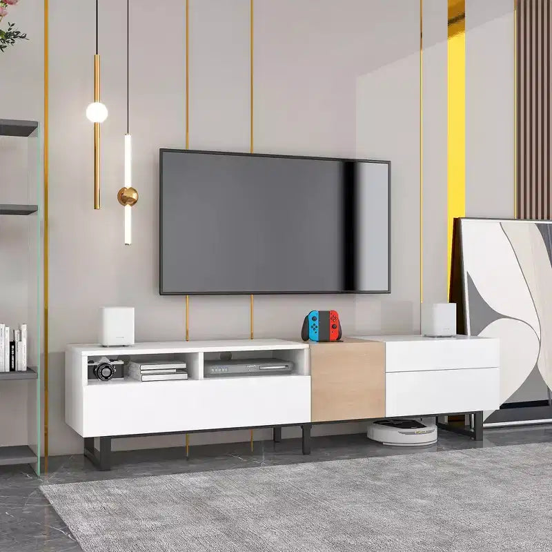 PexFix Modern TV Stand with Double Storage Space Media Console Table Entertainment Center with Drop Down Door for Living Room/Bedroom