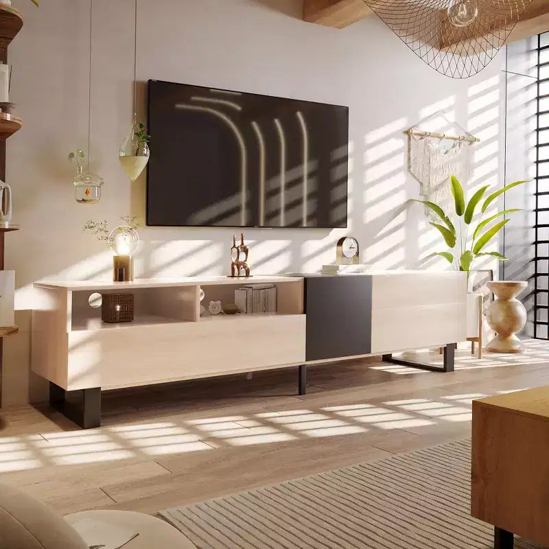 PexFix Modern TV Stand with Double Storage Space Media Console Table Entertainment Center with Drop Down Door for Living Room/Bedroom