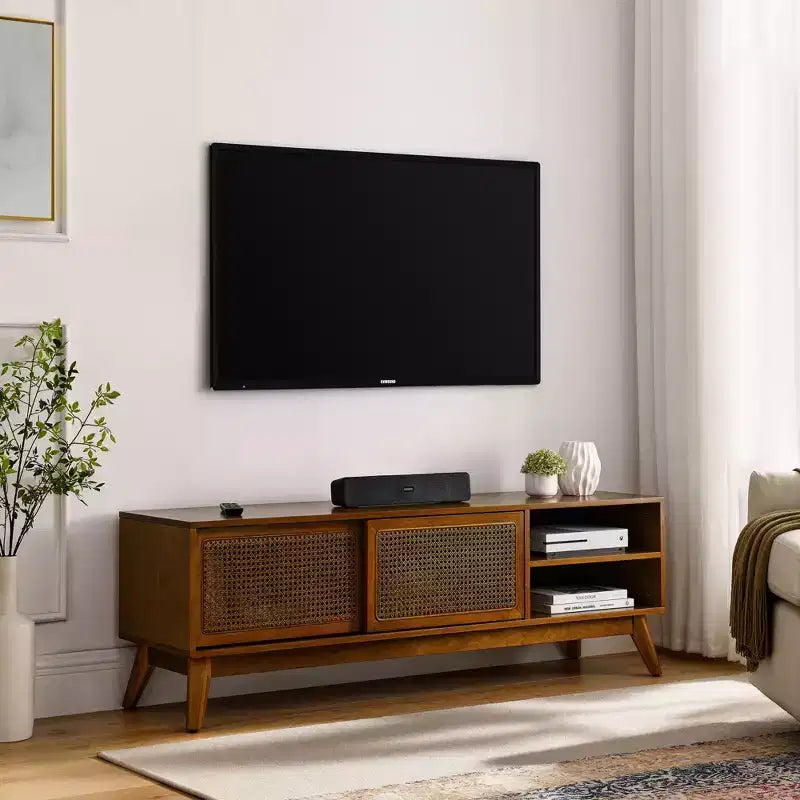 PexFix Mid Century Modern Rattan TV Stand Entertainment Cabinet Media Console for Living Room Solid Wood Feet & Rattan Cabinet Doors