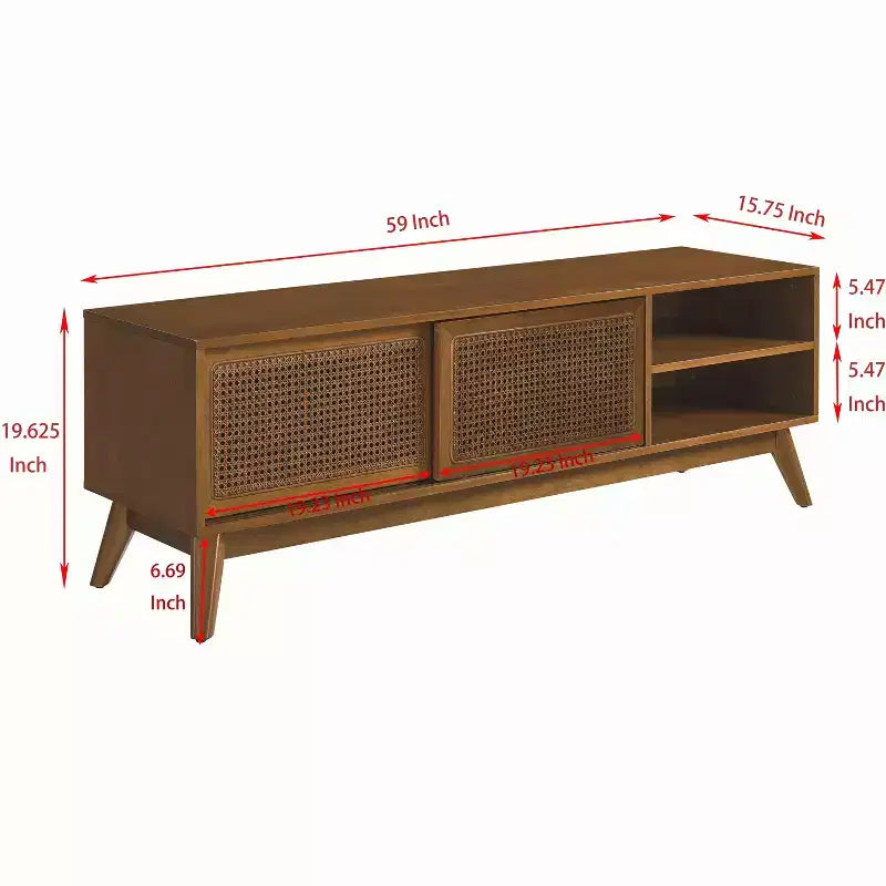 PexFix Mid Century Modern Rattan TV Stand Entertainment Cabinet Media Console for Living Room Solid Wood Feet & Rattan Cabinet Doors