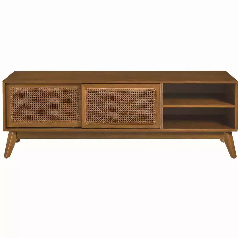 PexFix Mid Century Modern Rattan TV Stand Entertainment Cabinet Media Console for Living Room Solid Wood Feet & Rattan Cabinet Doors