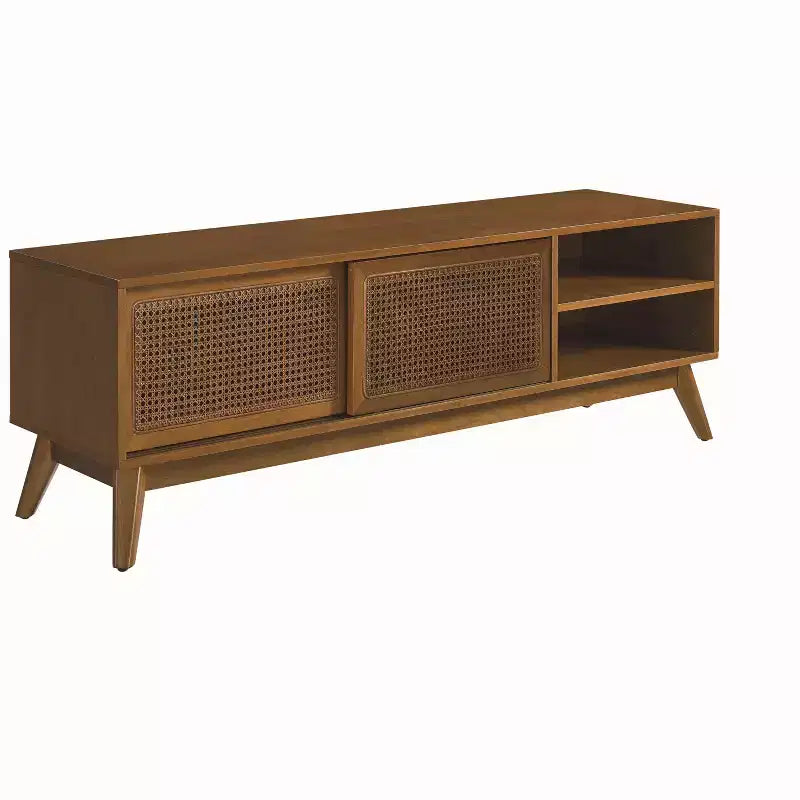PexFix Mid Century Modern Rattan TV Stand Entertainment Cabinet Media Console for Living Room Solid Wood Feet & Rattan Cabinet Doors