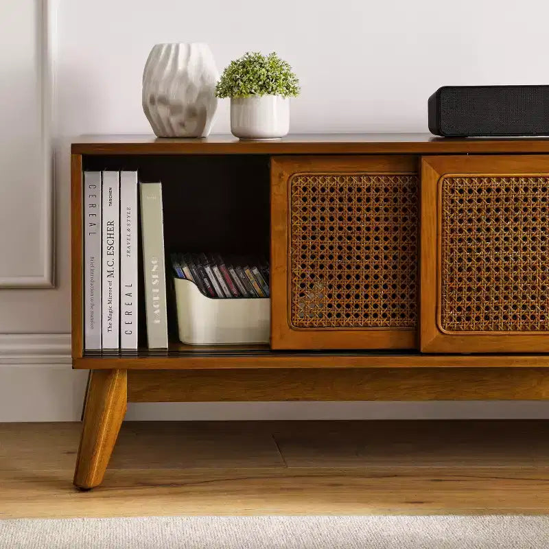 PexFix Mid Century Modern Rattan TV Stand Entertainment Cabinet Media Console for Living Room Solid Wood Feet & Rattan Cabinet Doors