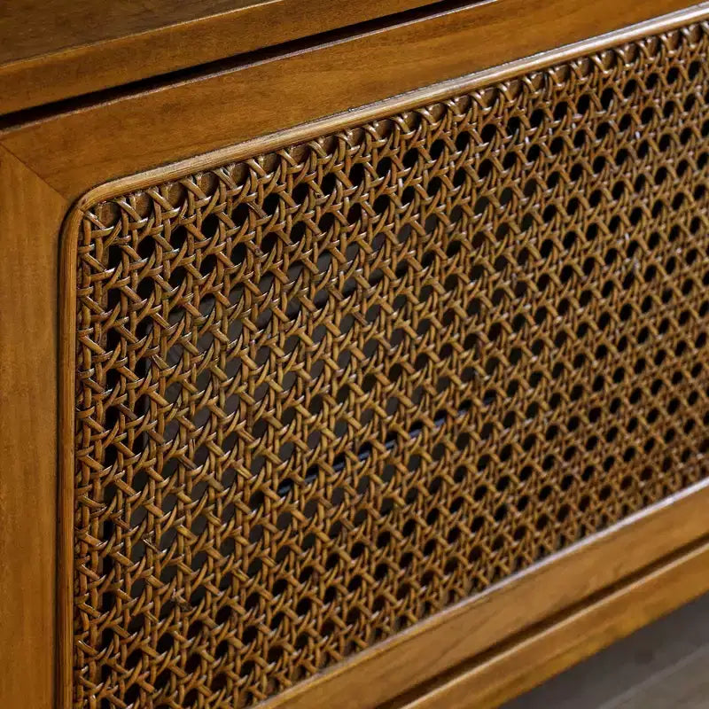 PexFix Mid Century Modern Rattan TV Stand Entertainment Cabinet Media Console for Living Room Solid Wood Feet & Rattan Cabinet Doors