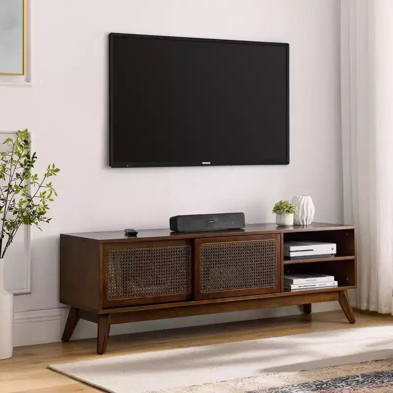 PexFix Mid Century Modern Rattan TV Stand Entertainment Cabinet Media Console for Living Room Solid Wood Feet & Rattan Cabinet Doors
