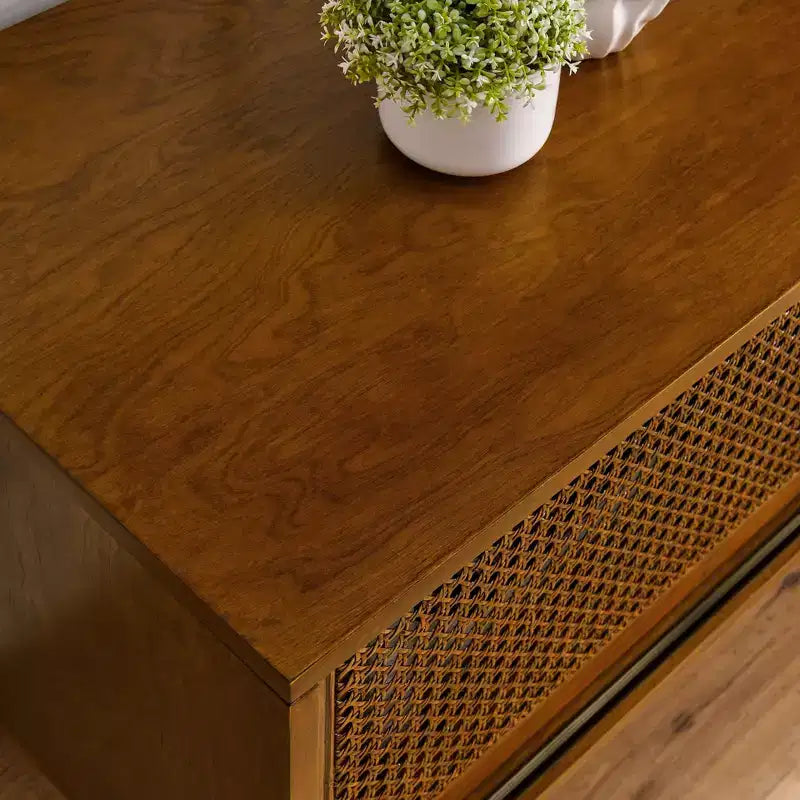 PexFix Mid Century Modern Rattan TV Stand Entertainment Cabinet Media Console for Living Room Solid Wood Feet & Rattan Cabinet Doors
