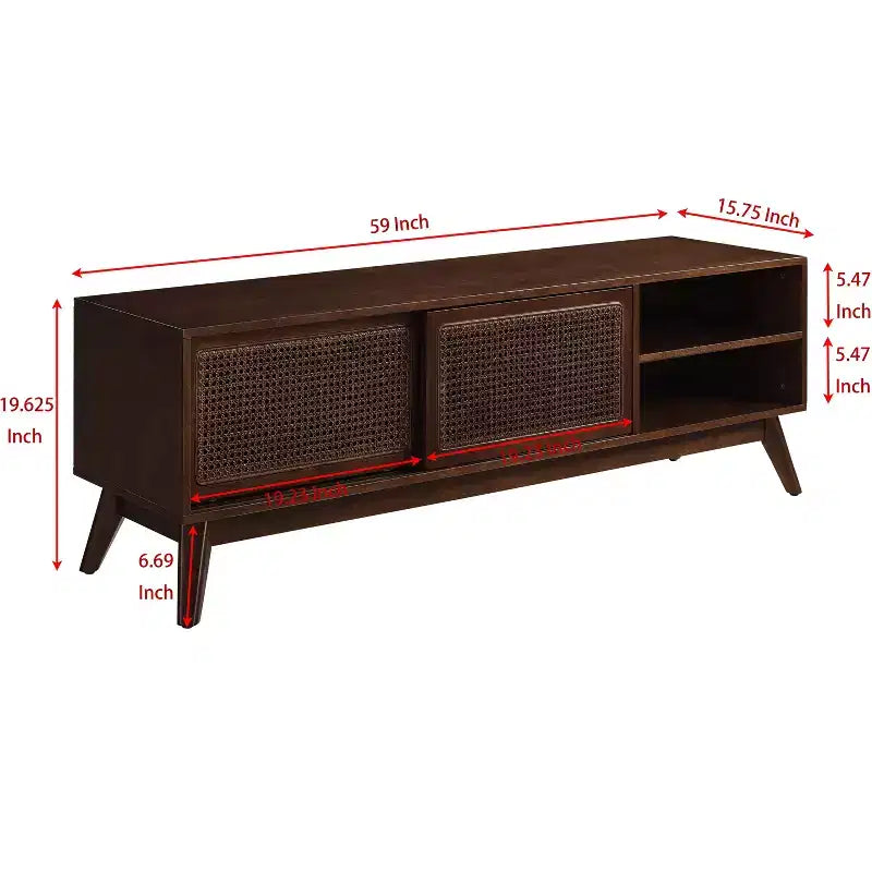 PexFix Mid Century Modern Rattan TV Stand Entertainment Cabinet Media Console for Living Room Solid Wood Feet & Rattan Cabinet Doors