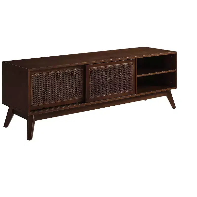 PexFix Mid Century Modern Rattan TV Stand Entertainment Cabinet Media Console for Living Room Solid Wood Feet & Rattan Cabinet Doors