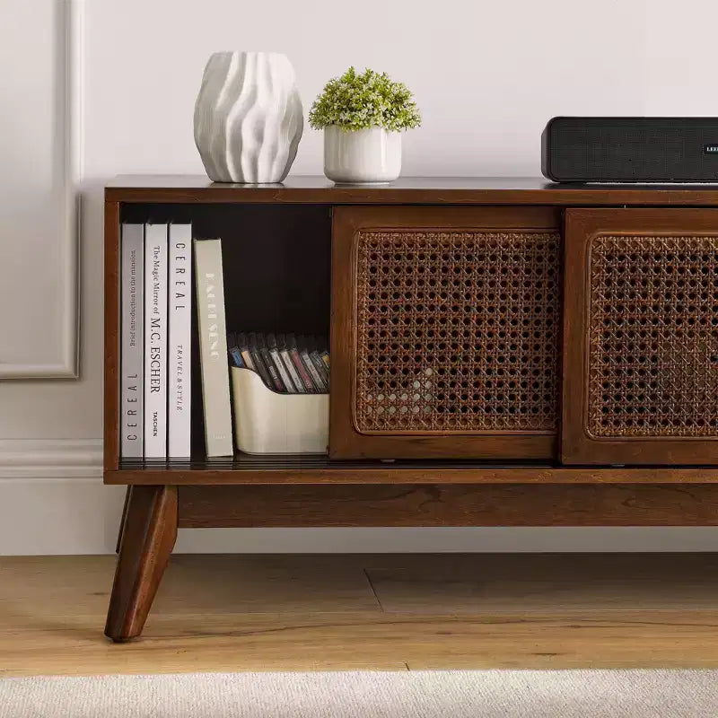 PexFix Mid Century Modern Rattan TV Stand Entertainment Cabinet Media Console for Living Room Solid Wood Feet & Rattan Cabinet Doors