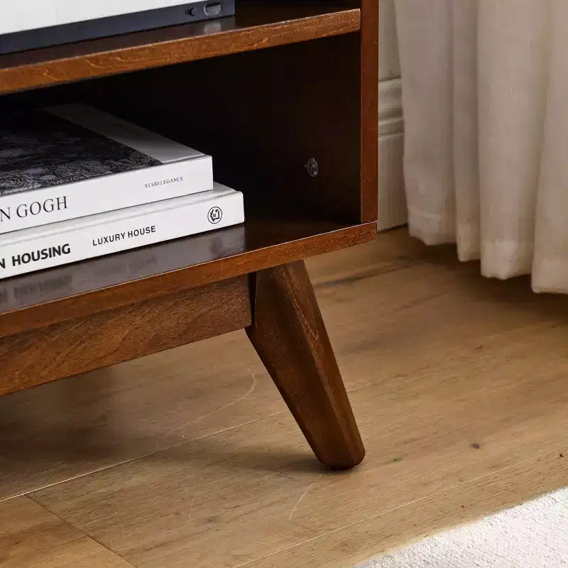 PexFix Mid Century Modern Rattan TV Stand Entertainment Cabinet Media Console for Living Room Solid Wood Feet & Rattan Cabinet Doors