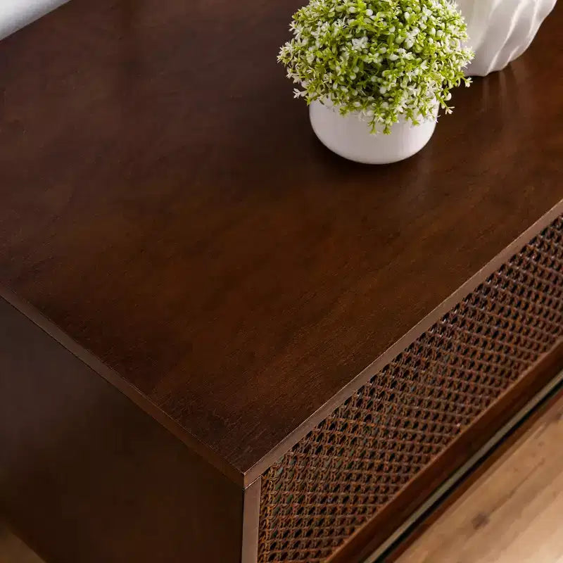 PexFix Mid Century Modern Rattan TV Stand Entertainment Cabinet Media Console for Living Room Solid Wood Feet & Rattan Cabinet Doors