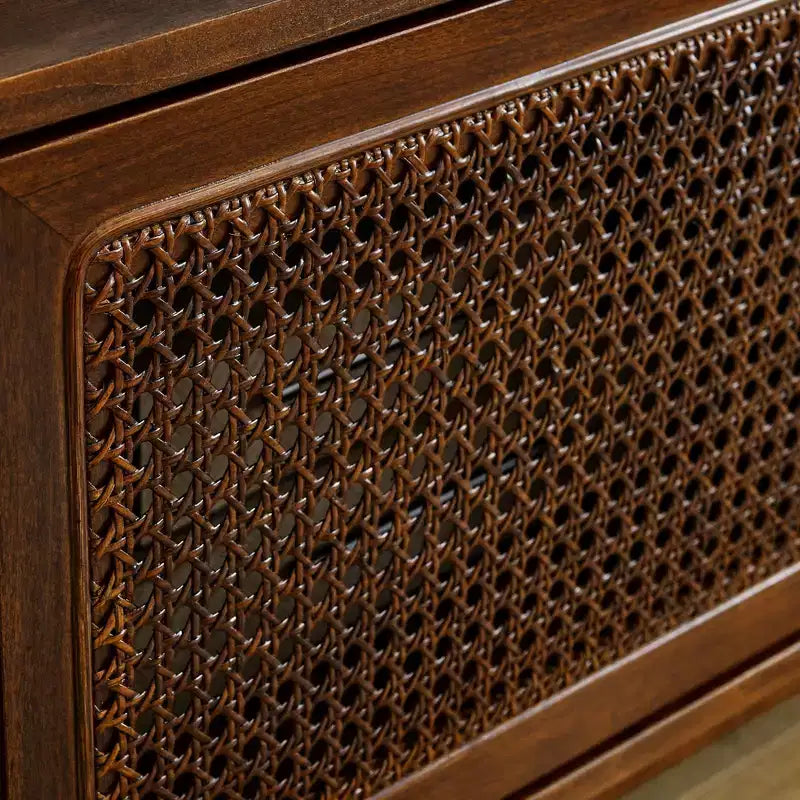 PexFix Mid Century Modern Rattan TV Stand Entertainment Cabinet Media Console for Living Room Solid Wood Feet & Rattan Cabinet Doors
