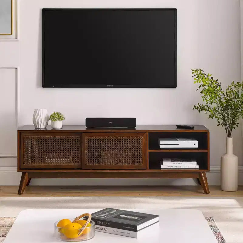 PexFix Mid Century Modern Rattan TV Stand Entertainment Cabinet Media Console for Living Room Solid Wood Feet & Rattan Cabinet Doors
