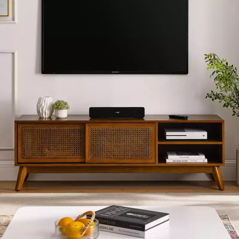 PexFix Mid Century Modern Rattan TV Stand Entertainment Cabinet Media Console for Living Room Solid Wood Feet & Rattan Cabinet Doors