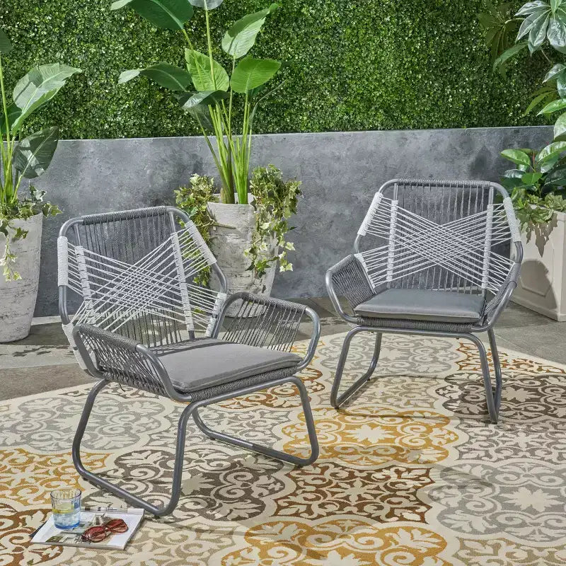 Two-Piece Outdoor Lounge Chair Set, Patio Chairs, Made of Woven Rope, Steel Frame Structure, with Waterproof Seat Cushion