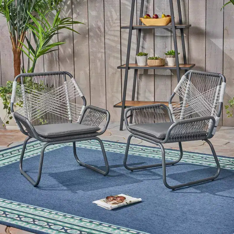 Two-Piece Outdoor Lounge Chair Set, Patio Chairs, Made of Woven Rope, Steel Frame Structure, with Waterproof Seat Cushion