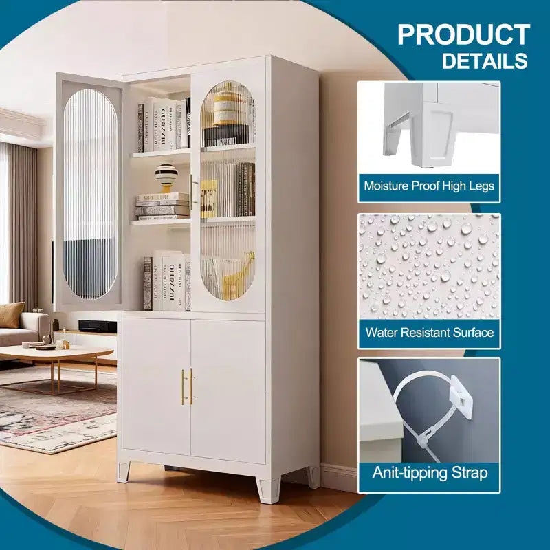 71 Metal Storage Cabinet, Kitchen Pantry Cabinet with Glass Doors, Garage Organizer with Adjustable Shelves, Versatile Bookcase for Living Room