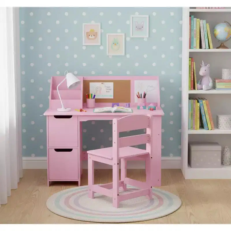 Pink Office Chair Set with Bookshelf, Notice Board and Cabinets Ideal for Boys and Girls 3 to 8 Years